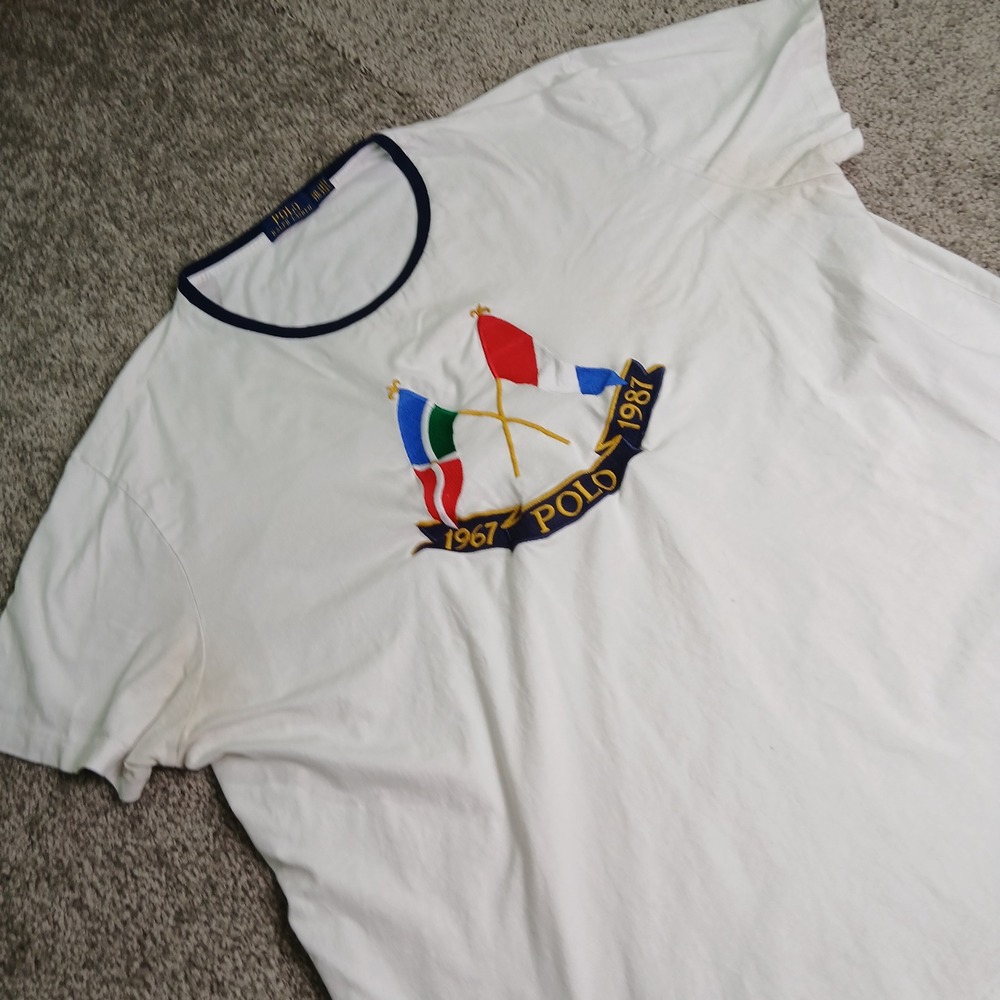 Polo Ralph Lauren Mens XXL White Ringer T-Shirt 1967 1987 Crossed Flags Crest